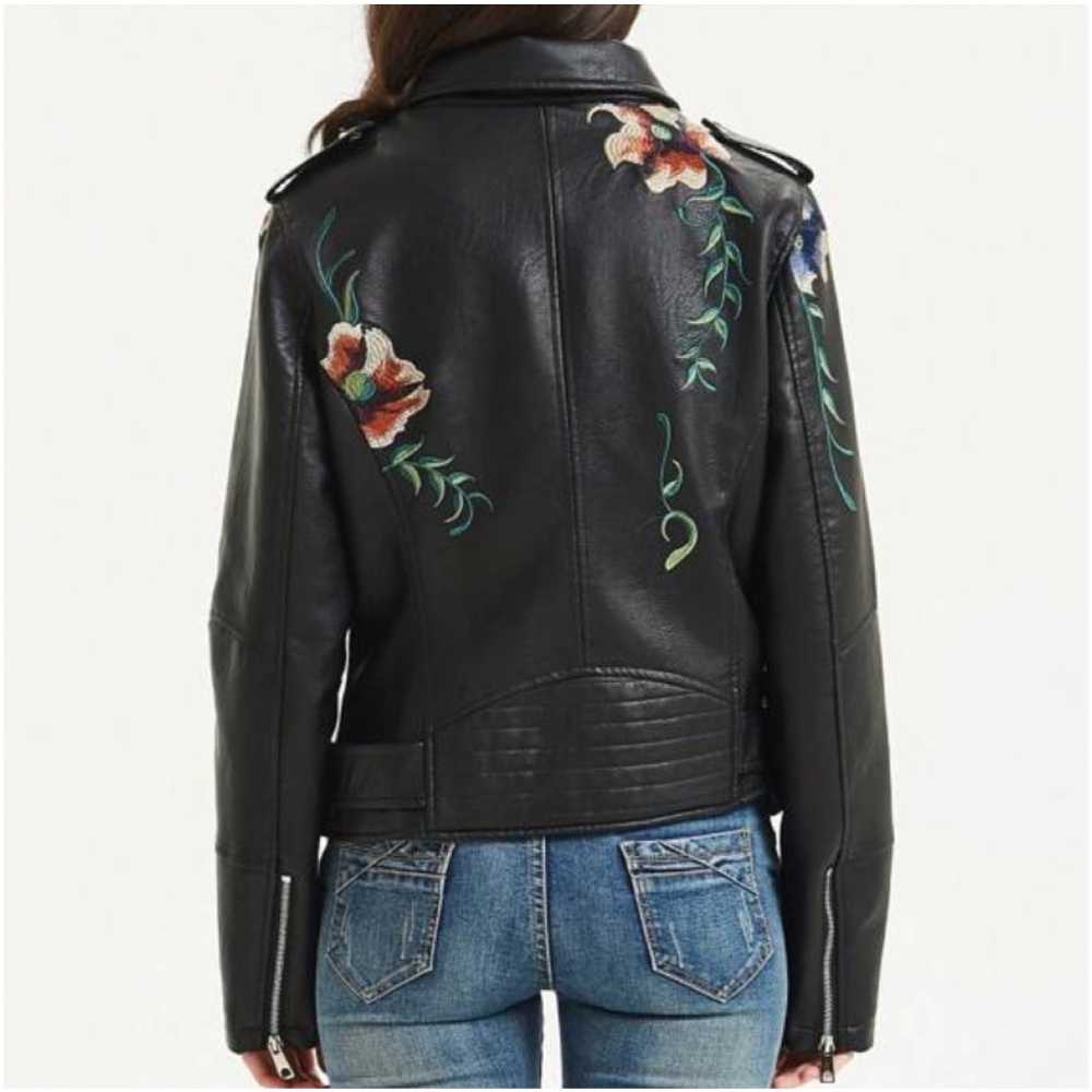 Luxe Floral Embroidered Vegan Leather Zip up Moto Jacket - Picture 3 of 8